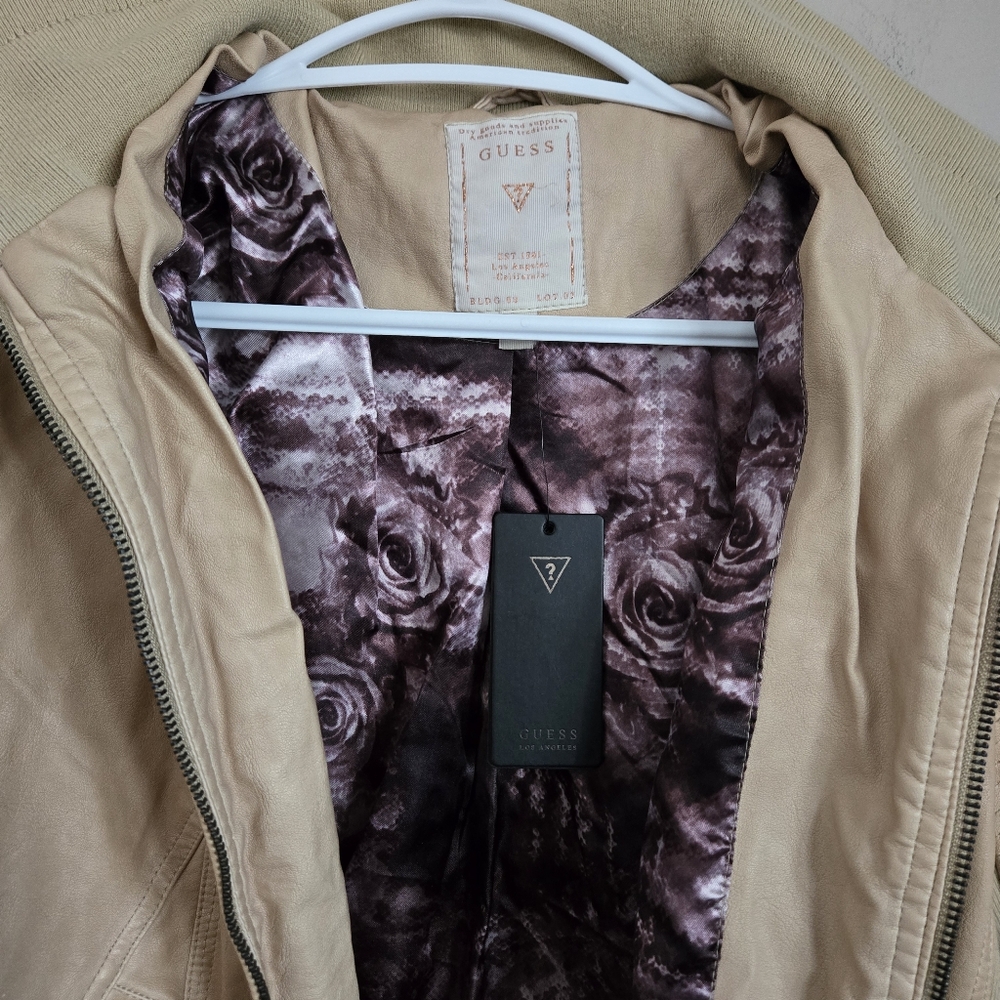 Guess NWT Moto Jacket Women Biker Tan Camel Medium Coat Top Bomber Y2K - Picture 15 of 15
